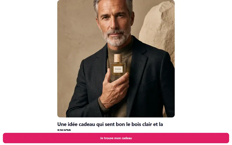 Landing listicle générée par Scale for You pour le flacon d’eau de parfum SAUGE : « Une idée cadeau qui sent bon le bois clair et la sauge »