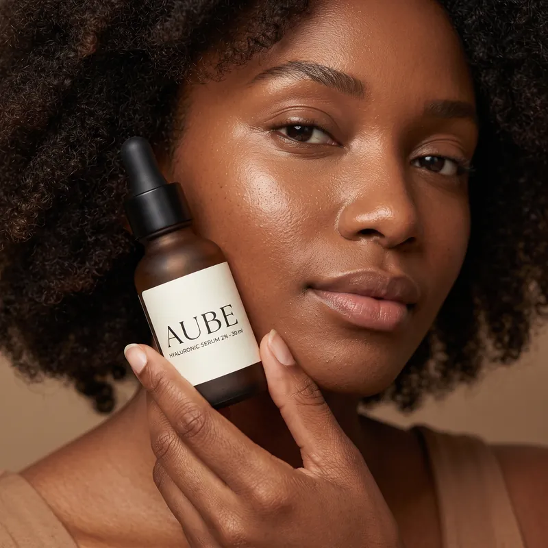 Portrait beauté généré par Scale for You : gros plan sur le visage d’mannequin avec le sérum AUBE en flacon compte-gouttes ambré