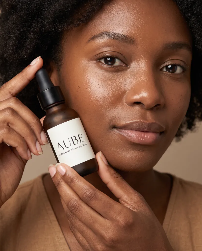 Portrait beauté généré par Scale for You : gros plan sur le visage d’mannequin avec le sérum AUBE en flacon compte-gouttes ambré