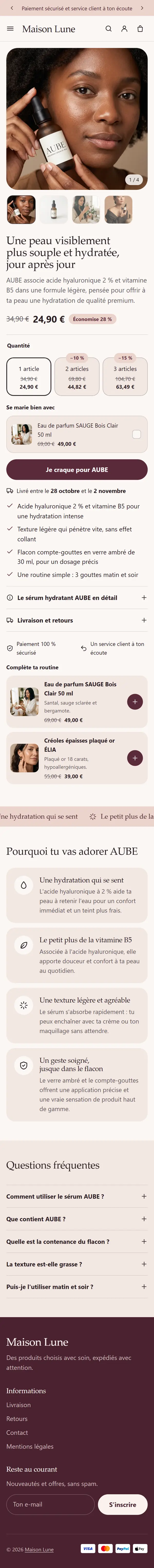 Page produit générée par Scale for You pour le sérum AUBE en flacon compte-gouttes ambré : « Une peau visiblement plus souple et hydratée, jour après jour »